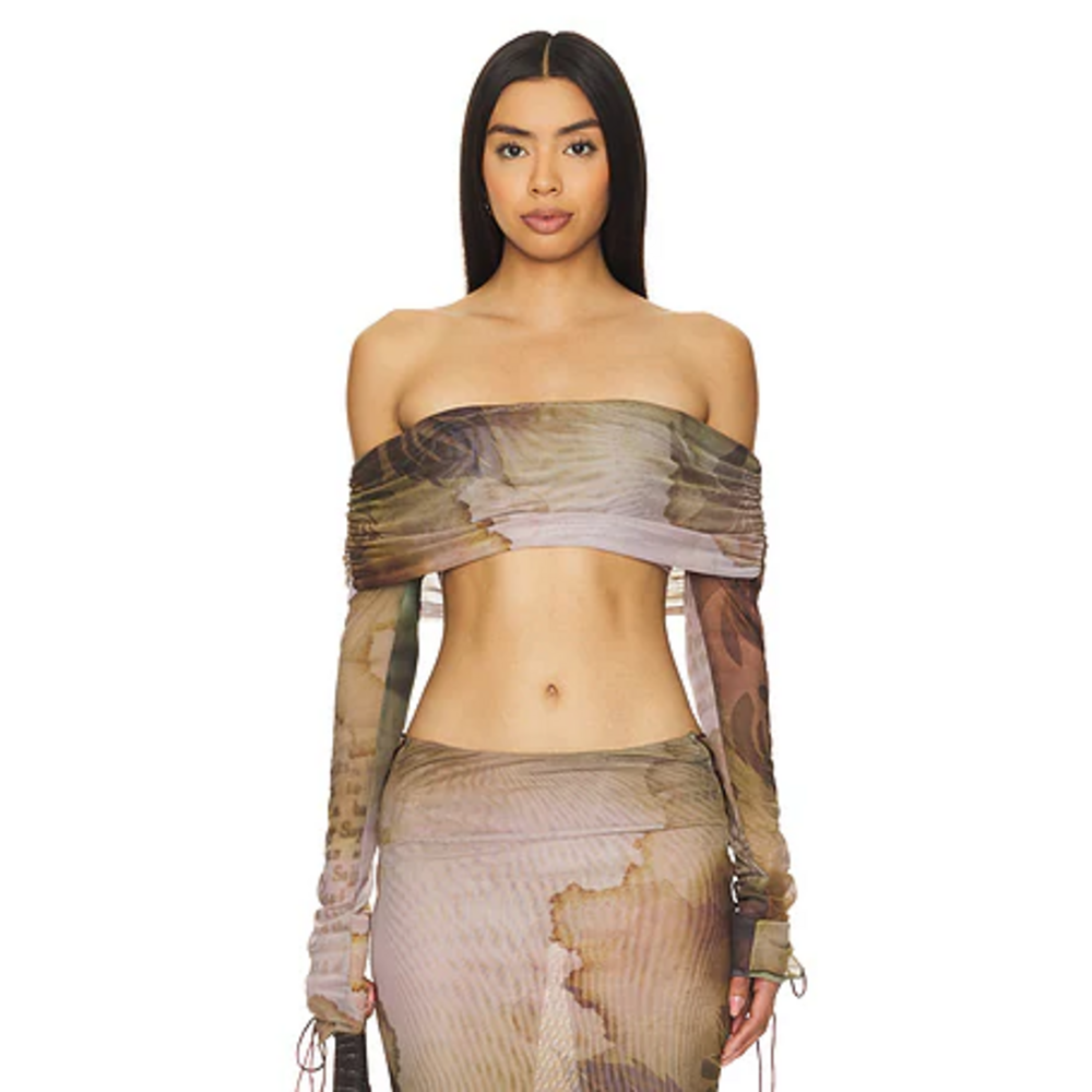 Jaded London Lace Up Fold Over Top in Multi in Green
